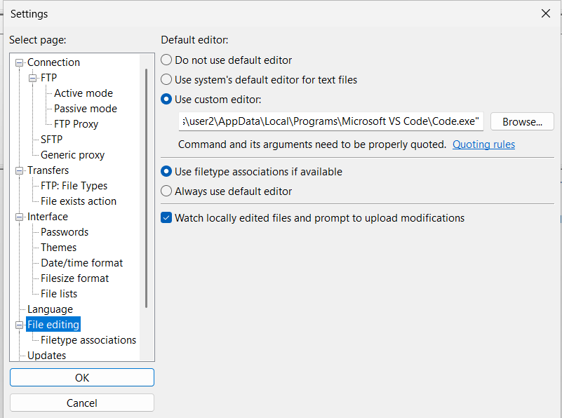 Set Default Editor in FileZilla