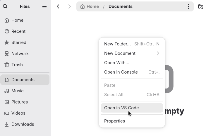 Open with VS Code Fedora Gnome Desktop