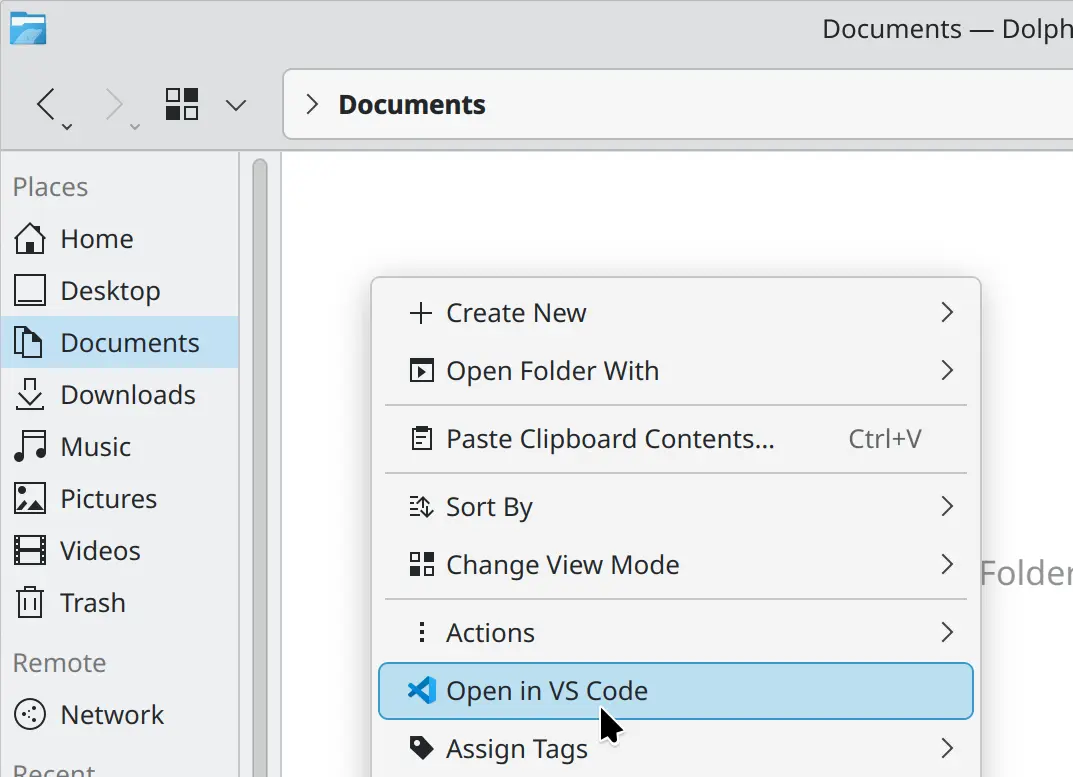 Open with VS Code Fedora Gnome Desktop